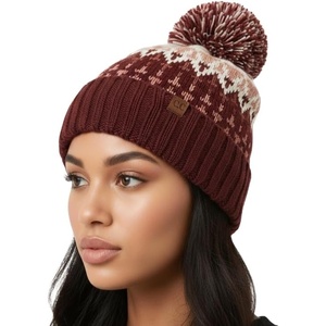 image:imageFunky Junque Womens Knit Pom Beanie  Cozy Womens Winter Hat Apres Ski Cold Weather Beanies with Geometric and Cross DesignBrick  Multi Yarn