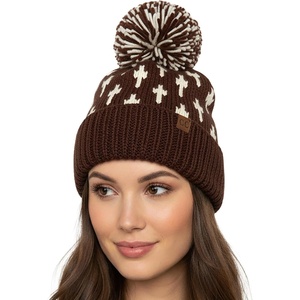 image:imageFunky Junque Womens Knit Pom Beanie  Cozy Womens Winter Hat Apres Ski Cold Weather Beanies with Geometric and Cross DesignBrown  Cross