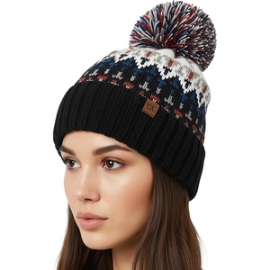 image:imageFunky Junque Womens Knit Pom Beanie  Cozy Womens Winter Hat Apres Ski Cold Weather Beanies with Geometric and Cross DesignNavy  Multi Yarn