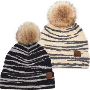 image:imageFunky Junque Womens Pom Pom Beanie  Soft Knit Winter Hat for Women amp Teens Leopard amp Zebra Fashion Animal Print Beanies2 Pack Black  Beige  Zebra Wool Blend
