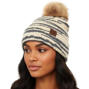 image:imageFunky Junque Womens Pom Pom Beanie  Soft Knit Winter Hat for Women amp Teens Leopard amp Zebra Fashion Animal Print BeaniesZebra  Beige