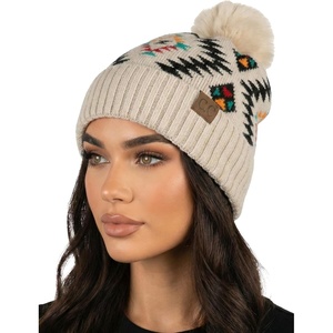image:imageFunky Junque Womens Pom Pom Beanie  Soft Knit Winter Hats for Women amp Teens Warm Fashionable Beanie with Faux Fur PomsAztec  Beige