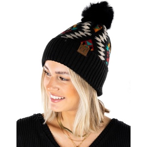 image:imageFunky Junque Womens Pom Pom Beanie  Soft Knit Winter Hats for Women amp Teens Warm Fashionable Beanie with Faux Fur PomsAztec  Black
