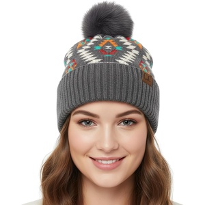 image:imageFunky Junque Womens Pom Pom Beanie  Soft Knit Winter Hats for Women amp Teens Warm Fashionable Beanie with Faux Fur PomsAztec  Melange Grey