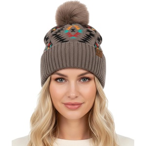 image:imageFunky Junque Womens Pom Pom Beanie  Soft Knit Winter Hats for Women amp Teens Warm Fashionable Beanie with Faux Fur PomsAztec  Taupe