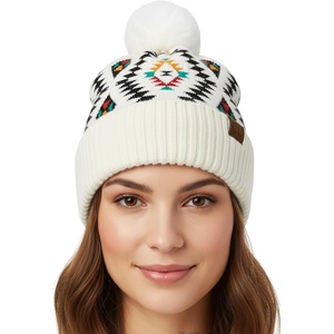 image:imageFunky Junque Womens Pom Pom Beanie  Soft Knit Winter Hats for Women amp Teens Warm Fashionable Beanie with Faux Fur PomsAztec  White
