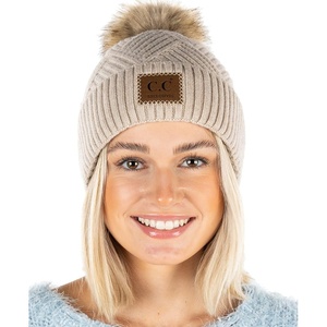 image:imageFunky Junque Womens Pom Pom Beanie  Soft Knit Winter Hats for Women amp Teens Warm Fashionable Beanie with Faux Fur PomsBeige  Diagonal Stripes