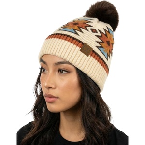 image:imageFunky Junque Womens Pom Pom Beanie  Soft Knit Winter Hats for Women amp Teens Warm Fashionable Beanie with Faux Fur PomsBeige  Southwest Pattern