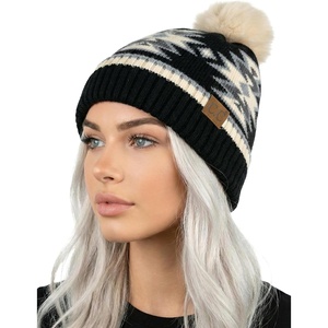 image:imageFunky Junque Womens Pom Pom Beanie  Soft Knit Winter Hats for Women amp Teens Warm Fashionable Beanie with Faux Fur PomsBlack  Southwest Pattern