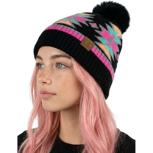 image:imageFunky Junque Womens Pom Pom Beanie  Soft Knit Winter Hats for Women amp Teens Warm Fashionable Beanie with Faux Fur PomsBlack Multi  Southwest Pattern