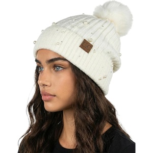 image:imageFunky Junque Womens Pom Pom Beanie  Soft Knit Winter Hats for Women amp Teens Warm Fashionable Beanie with Faux Fur PomsIvory  Pearl Embellishment