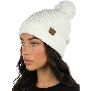 image:imageFunky Junque Womens Pom Pom Beanie  Soft Knit Winter Hats for Women amp Teens Warm Fashionable Beanie with Faux Fur PomsIvory  Waffle Knit