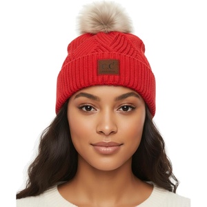 image:imageFunky Junque Womens Pom Pom Beanie  Soft Knit Winter Hats for Women amp Teens Warm Fashionable Beanie with Faux Fur PomsRed  Diagonal Stripes