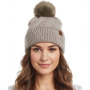 image:imageFunky Junque Womens Pom Pom Beanie  Soft Knit Winter Hats for Women amp Teens Warm Fashionable Beanie with Faux Fur PomsTaupe  Sequin