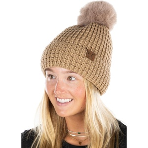 image:imageFunky Junque Womens Pom Pom Beanie  Soft Knit Winter Hats for Women amp Teens Warm Fashionable Beanie with Faux Fur PomsTaupe  Waffle Knit