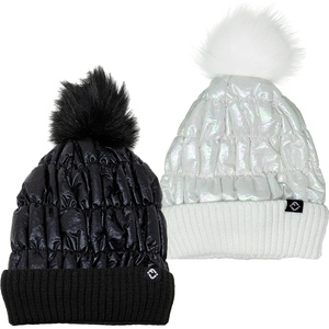 image:imageFunky Junque Womens Puffer Beanie  Stylish Fleece Lined Waterproof Winter Hat with Faux Fur Pom Pom Trendy Cozy Accessory2 Pack White  Black