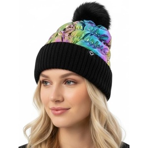 image:imageFunky Junque Womens Puffer Beanie  Stylish Fleece Lined Waterproof Winter Hat with Faux Fur Pom Pom Trendy Cozy AccessoryBlackMulticolor