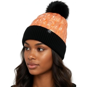 image:imageFunky Junque Womens Puffer Beanie  Stylish Fleece Lined Waterproof Winter Hat with Faux Fur Pom Pom Trendy Cozy AccessoryBlackOrange
