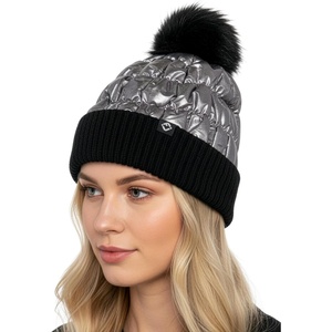 image:imageFunky Junque Womens Puffer Beanie  Stylish Fleece Lined Waterproof Winter Hat with Faux Fur Pom Pom Trendy Cozy AccessoryBlackSilver