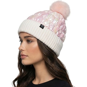 image:imageFunky Junque Womens Puffer Beanie  Stylish Fleece Lined Waterproof Winter Hat with Faux Fur Pom Pom Trendy Cozy AccessoryIridescent Pink
