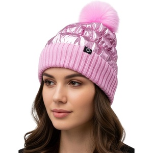 image:imageFunky Junque Womens Puffer Beanie  Stylish Fleece Lined Waterproof Winter Hat with Faux Fur Pom Pom Trendy Cozy AccessoryPink