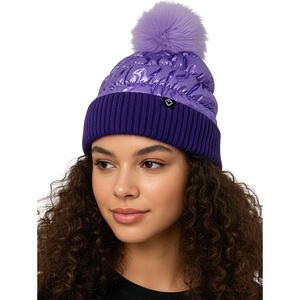 image:imageFunky Junque Womens Puffer Beanie  Stylish Fleece Lined Waterproof Winter Hat with Faux Fur Pom Pom Trendy Cozy AccessoryPurple