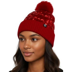 image:imageFunky Junque Womens Puffer Beanie  Stylish Fleece Lined Waterproof Winter Hat with Faux Fur Pom Pom Trendy Cozy AccessoryRed