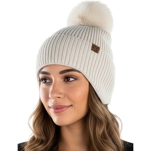 image:imageFunky Junque Womens Ribbed Knit Beanie Hat with Cozy Faux Fur Pom Poms  Winter Colors Neutral Tones Earth TonesBeige