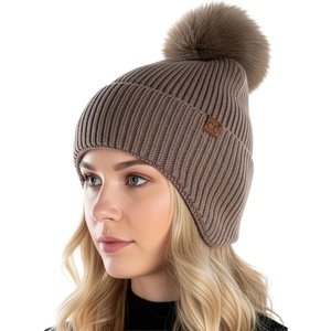 image:imageFunky Junque Womens Ribbed Knit Beanie Hat with Cozy Faux Fur Pom Poms  Winter Colors Neutral Tones Earth TonesMocha