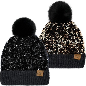 image:imageFunky Junque Womens Sequin Pom Beanies  Soft Knit Sparkly Bling Winter Hats for Women Faux Fur Pom Glitter Sparkle HatChunky Sequin  Black  BlackGold
