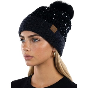 image:imageFunky Junque Womens Sequin Pom Beanies  Soft Knit Sparkly Bling Winter Hats for Women Faux Fur Pom Glitter Sparkle HatChunky Sequin  Black