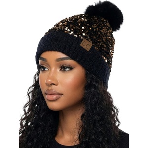 image:imageFunky Junque Womens Sequin Pom Beanies  Soft Knit Sparkly Bling Winter Hats for Women Faux Fur Pom Glitter Sparkle HatChunky Sequin  BlackGold