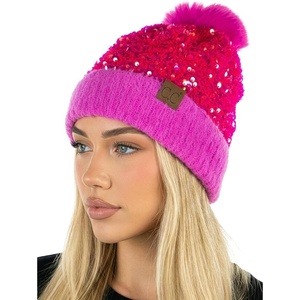 image:imageFunky Junque Womens Sequin Pom Beanies  Soft Knit Sparkly Bling Winter Hats for Women Faux Fur Pom Glitter Sparkle HatChunky Sequin  Hot Pink