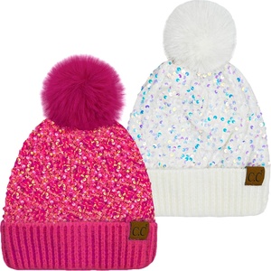 image:imageFunky Junque Womens Sequin Pom Beanies  Soft Knit Sparkly Bling Winter Hats for Women Faux Fur Pom Glitter Sparkle HatChunky Sequin  White  Hot Pink