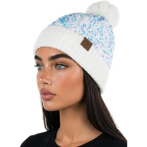 image:imageFunky Junque Womens Sequin Pom Beanies  Soft Knit Sparkly Bling Winter Hats for Women Faux Fur Pom Glitter Sparkle HatChunky Sequin  White