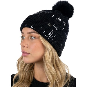 image:imageFunky Junque Womens Sequin Pom Beanies  Soft Knit Sparkly Bling Winter Hats for Women Faux Fur Pom Glitter Sparkle HatSmooth Sequin  Black