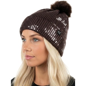 image:imageFunky Junque Womens Sequin Pom Beanies  Soft Knit Sparkly Bling Winter Hats for Women Faux Fur Pom Glitter Sparkle HatSmooth Sequin  Brown