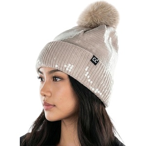 image:imageFunky Junque Womens Sequin Pom Beanies  Soft Knit Sparkly Bling Winter Hats for Women Faux Fur Pom Glitter Sparkle HatSmooth Sequin  Taupe