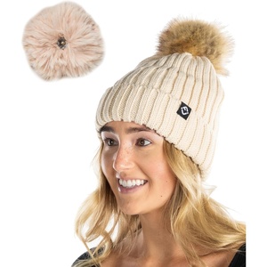 image:imageFunky Junque Womens Winter Detachable Pom Beanie  Warm Knit Hat with Removable Faux Fur Pom Soft Stretch Acrylic Cozy CapBeige