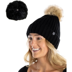 image:imageFunky Junque Womens Winter Detachable Pom Beanie  Warm Knit Hat with Removable Faux Fur Pom Soft Stretch Acrylic Cozy CapBlack
