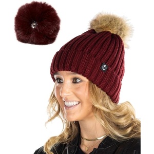 image:imageFunky Junque Womens Winter Detachable Pom Beanie  Warm Knit Hat with Removable Faux Fur Pom Soft Stretch Acrylic Cozy CapBurgundy