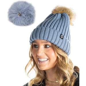 image:imageFunky Junque Womens Winter Detachable Pom Beanie  Warm Knit Hat with Removable Faux Fur Pom Soft Stretch Acrylic Cozy CapDenim
