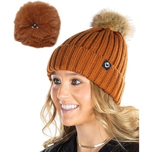 image:imageFunky Junque Womens Winter Detachable Pom Beanie  Warm Knit Hat with Removable Faux Fur Pom Soft Stretch Acrylic Cozy CapRust