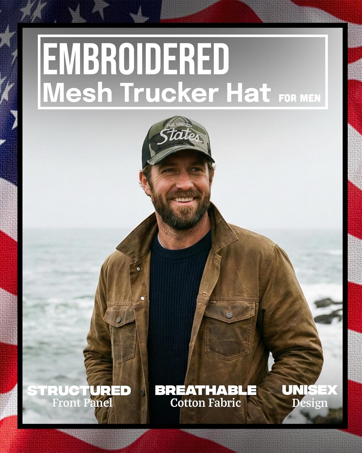 image:imageFunky Junque Vintage Trucker Hat Embroidered American Flag Cap  Cottonfront trucker hat with precurved bill for hiking outdoor sports everyday wear amp patriotic styleThe United States  Camo Black