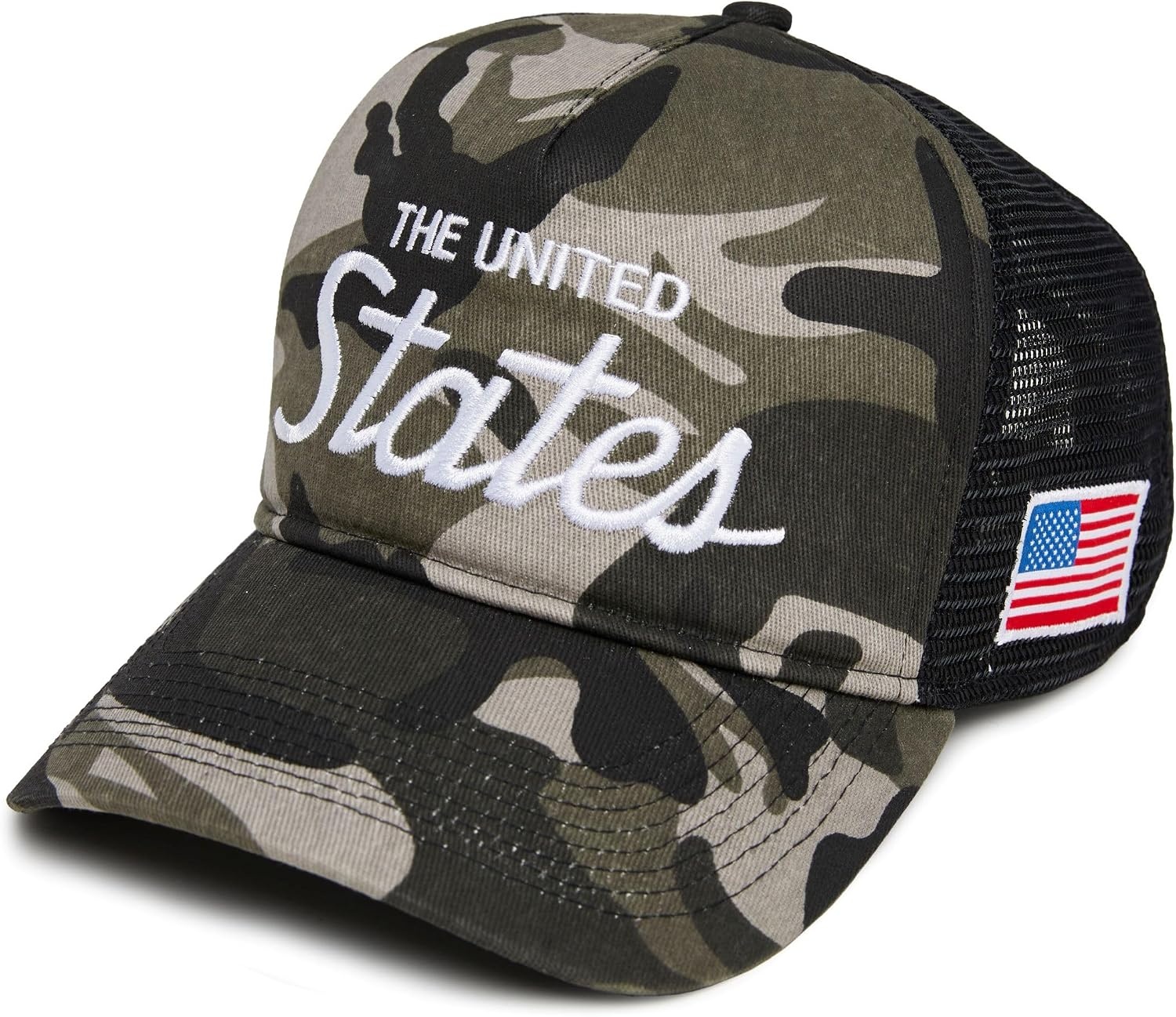 image:imageFunky Junque Vintage Trucker Hat Embroidered American Flag Cap  Cottonfront trucker hat with precurved bill for hiking outdoor sports everyday wear amp patriotic styleThe United States  Camo Black