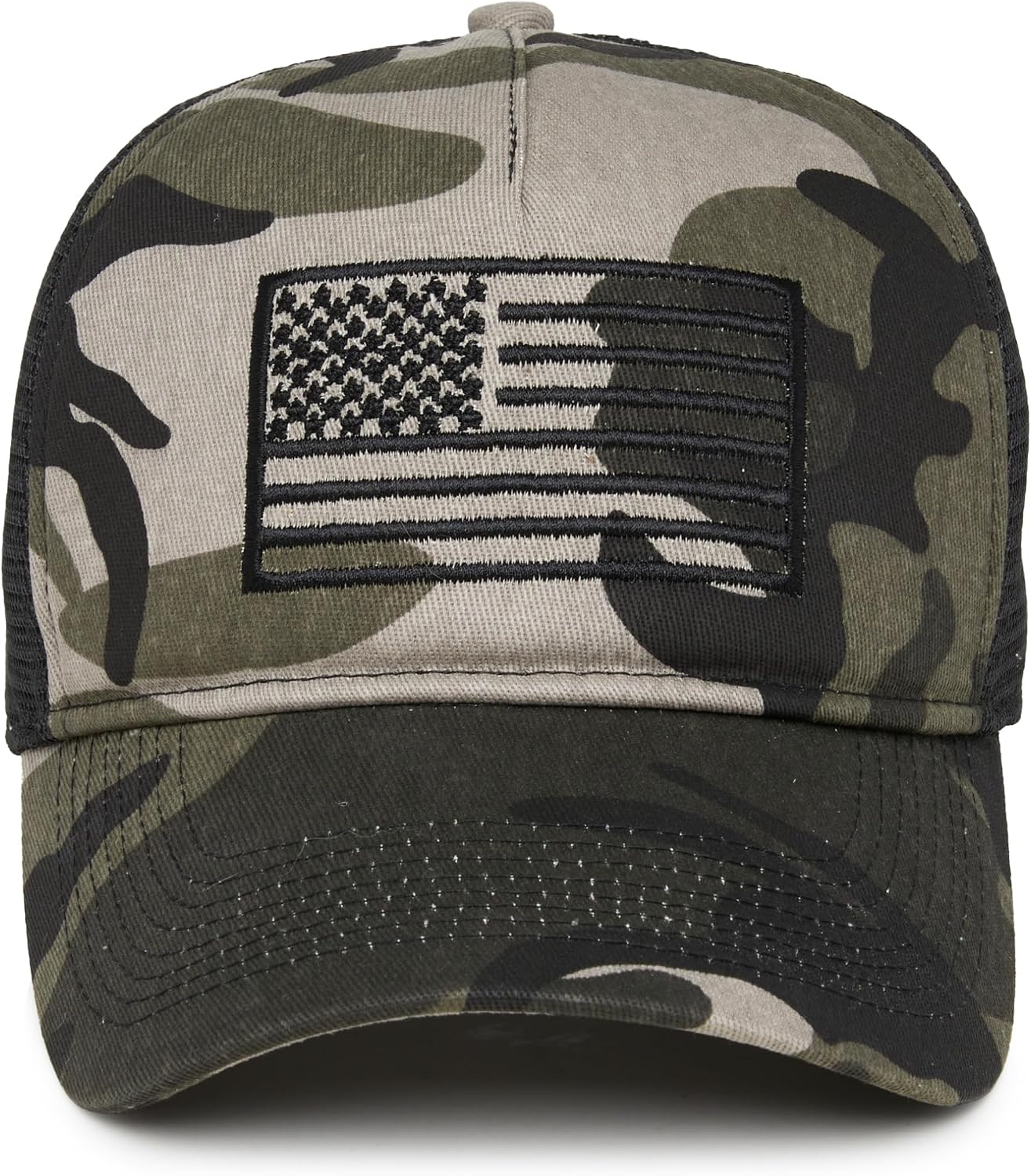 image:imageFunky Junque Vintage Trucker Hat Embroidered American Flag Cap  Cottonfront trucker hat with precurved bill for hiking outdoor sports everyday wear amp patriotic styleAmerican Flag  Camo Black