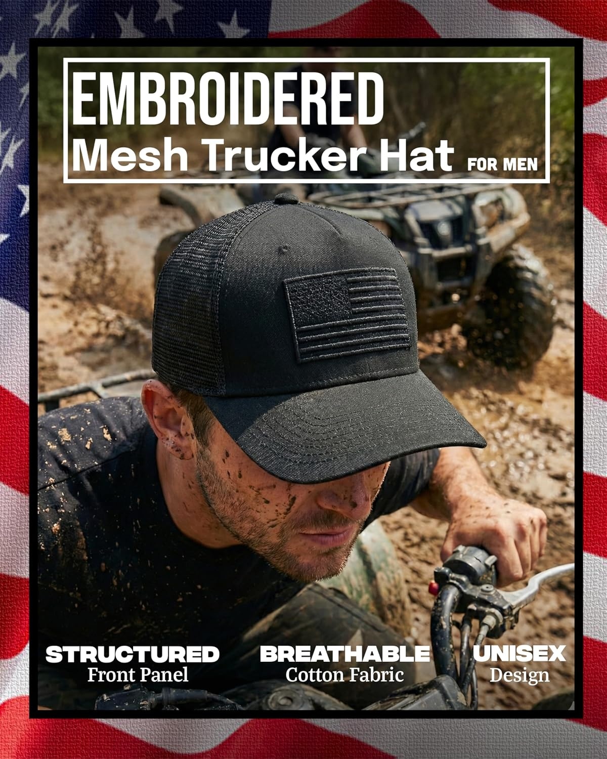 image:imageFunky Junque Vintage Trucker Hat Embroidered American Flag Cap  Cottonfront trucker hat with precurved bill for hiking outdoor sports everyday wear amp patriotic styleAmerican Flag  Black