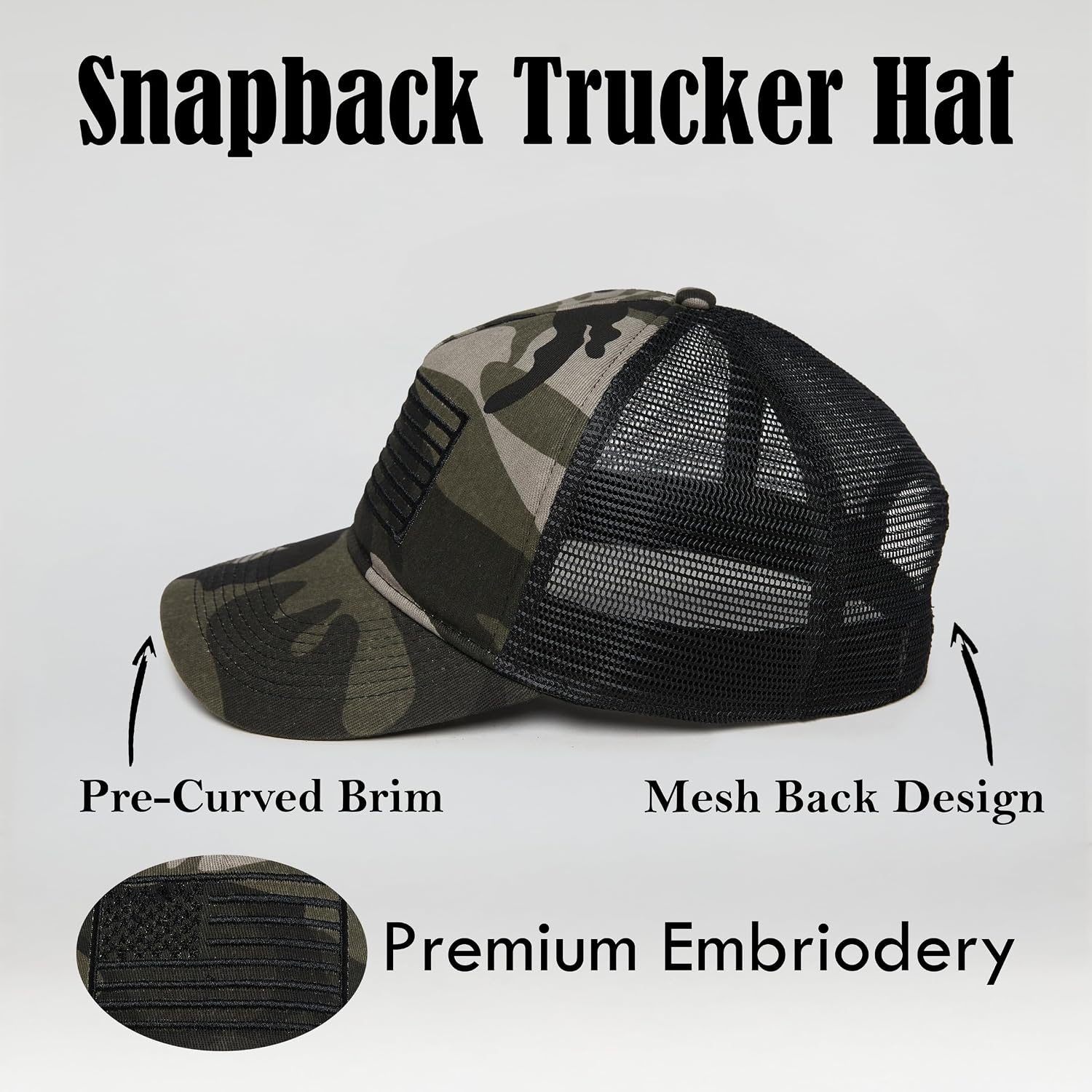 image:imageFunky Junque Vintage Trucker Hat Embroidered American Flag Cap  Cottonfront trucker hat with precurved bill for hiking outdoor sports everyday wear amp patriotic styleAmerican Flag  Camo Black