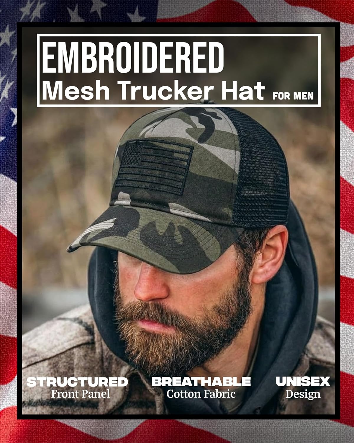 image:imageFunky Junque Vintage Trucker Hat Embroidered American Flag Cap  Cottonfront trucker hat with precurved bill for hiking outdoor sports everyday wear amp patriotic styleAmerican Flag  Camo Black