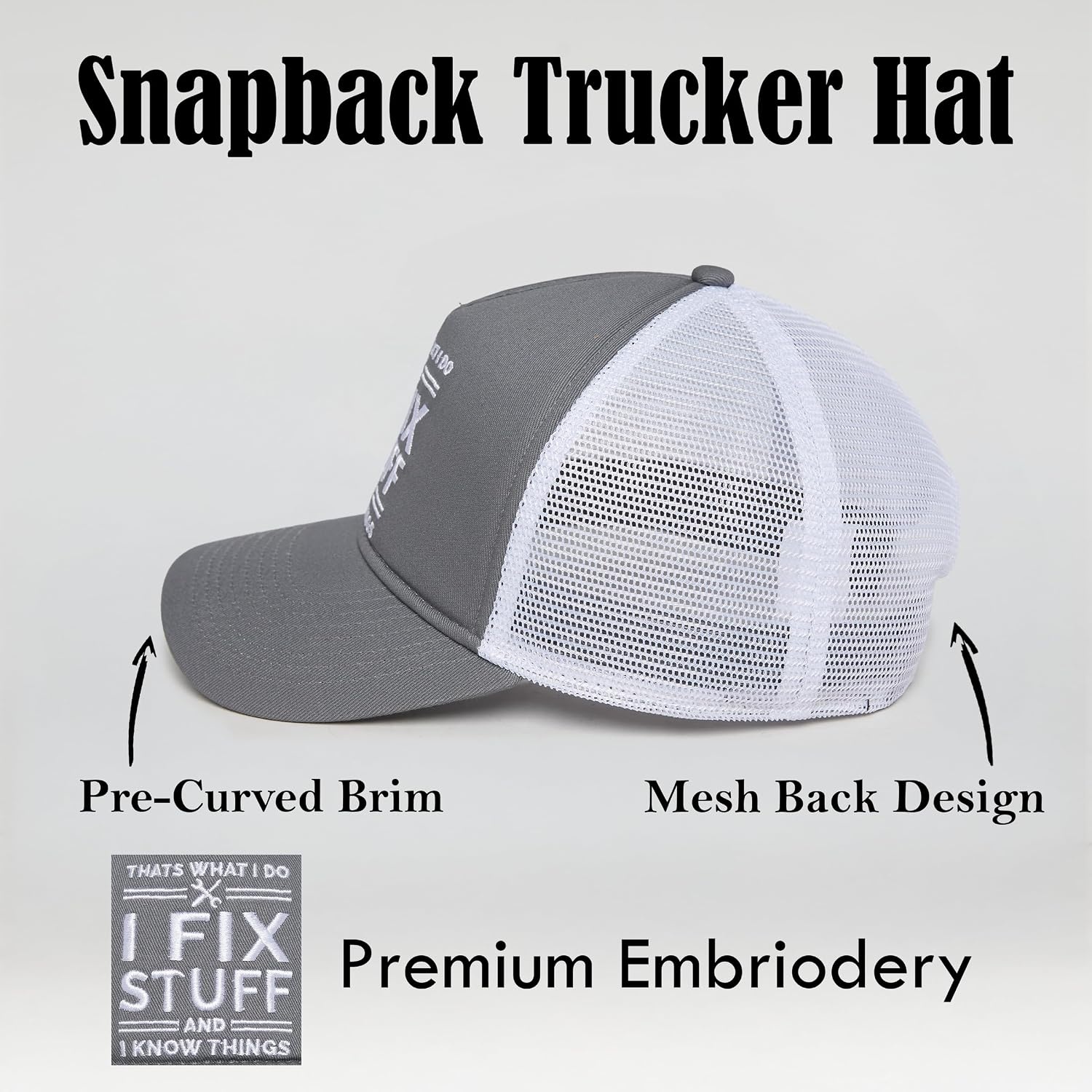 image:imageFunky Junque Vintage Trucker Hat Embroidered American Flag Cap  Cottonfront trucker hat with precurved bill for hiking outdoor sports everyday wear amp patriotic styleI Fix Stuff  Grey